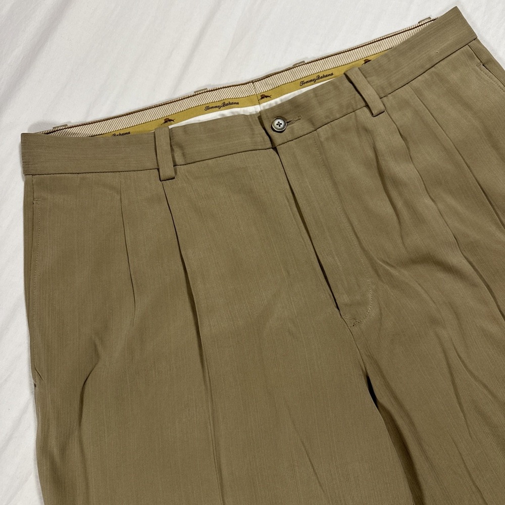Tommy Bahama Dress Pants Mens 36x30 Beige Silk Blend Pleated Front Straight Leg